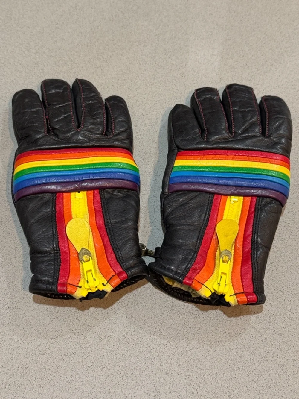VINTAGE KOMBI RAINBOW STRIPE LEATHER SKI GLOVES BLACK RETRO 70s MADE IN JAPAN